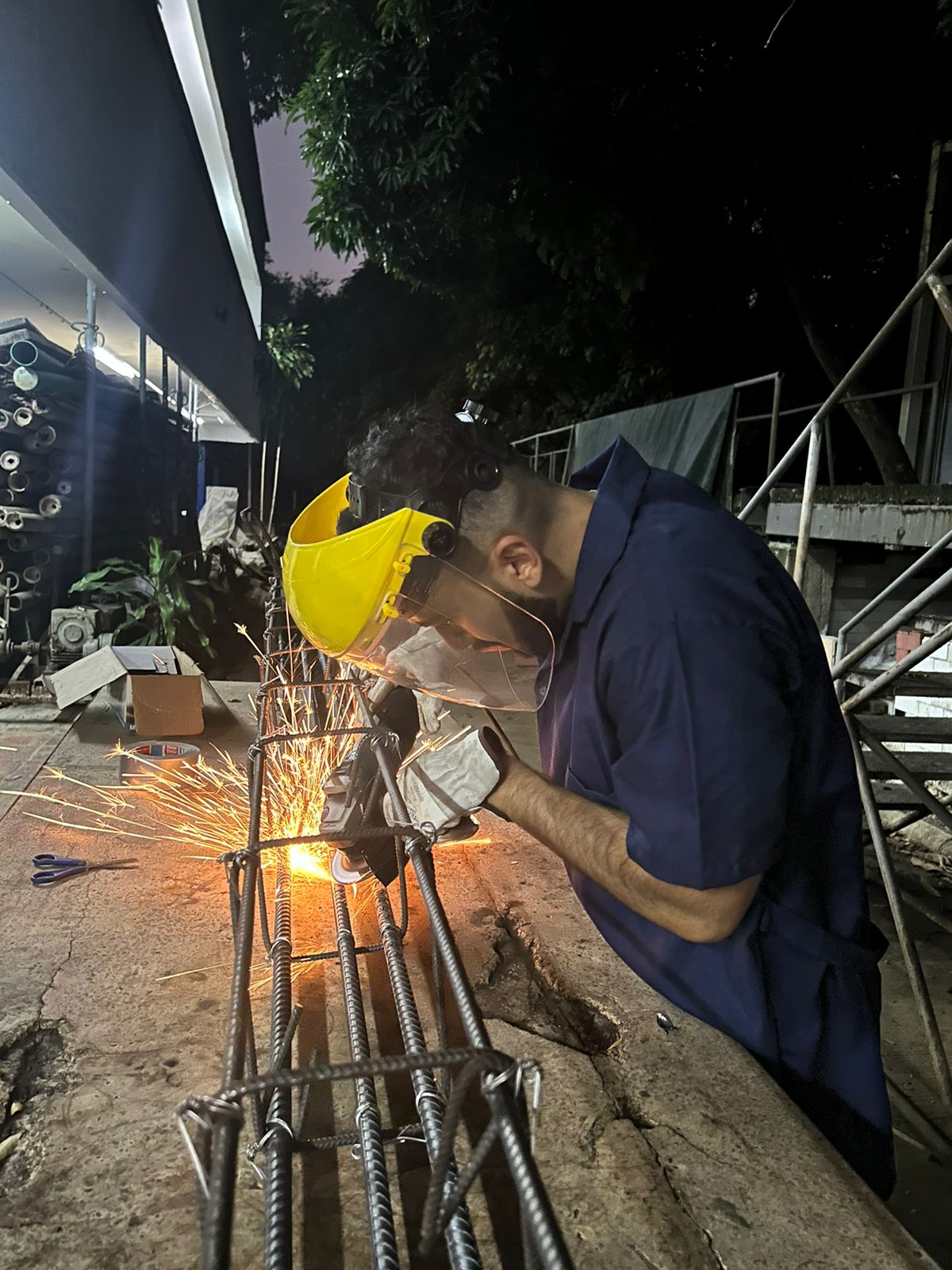 Beam fabrication work at night